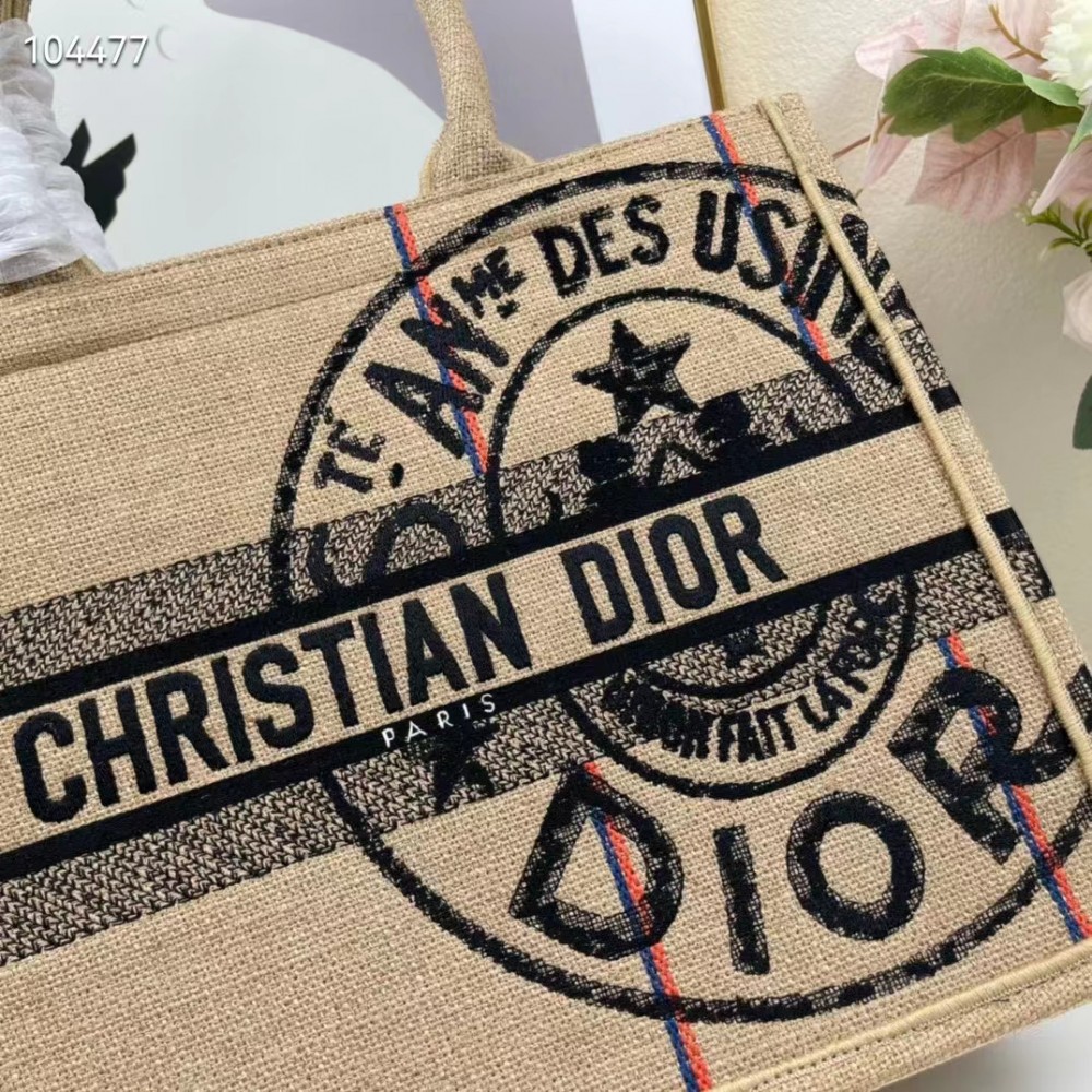 Dior Unisex CD Medium Book Tote Beige Jute Canvas Embroidered Union Motif