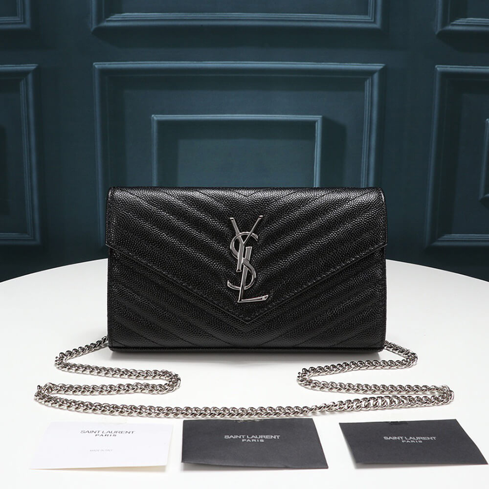 Saint Laurent Chain-strap YSL-plaque grained-leather wallet